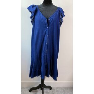 True Craft Blue Cotton Button Front Flutter Sleeve Frayed Hem Mini Dress 1X